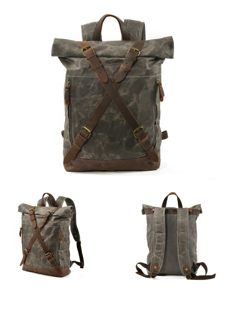 Grey Leather & Waxed Canvas Backpack